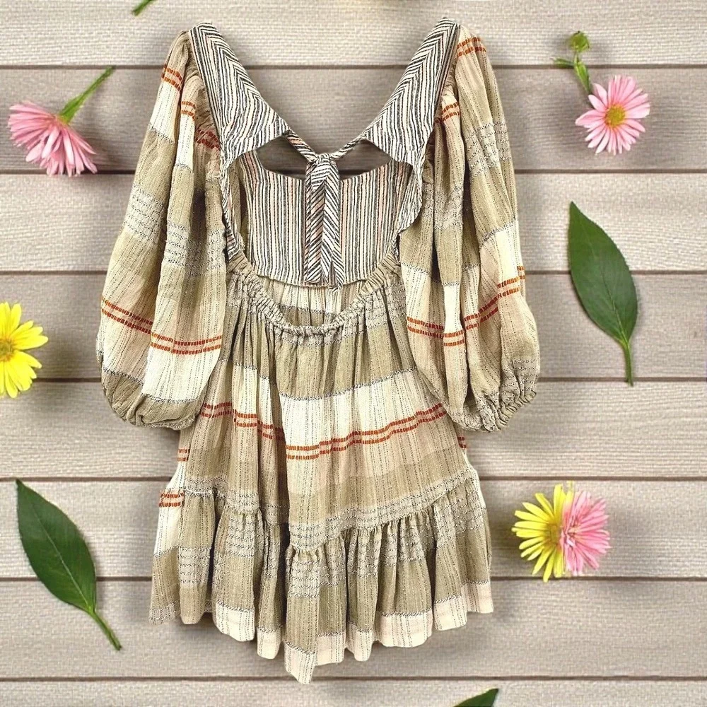 Free People Striped Plaid Gauze Mini Dress Open Back Boho Festival‎ Size L